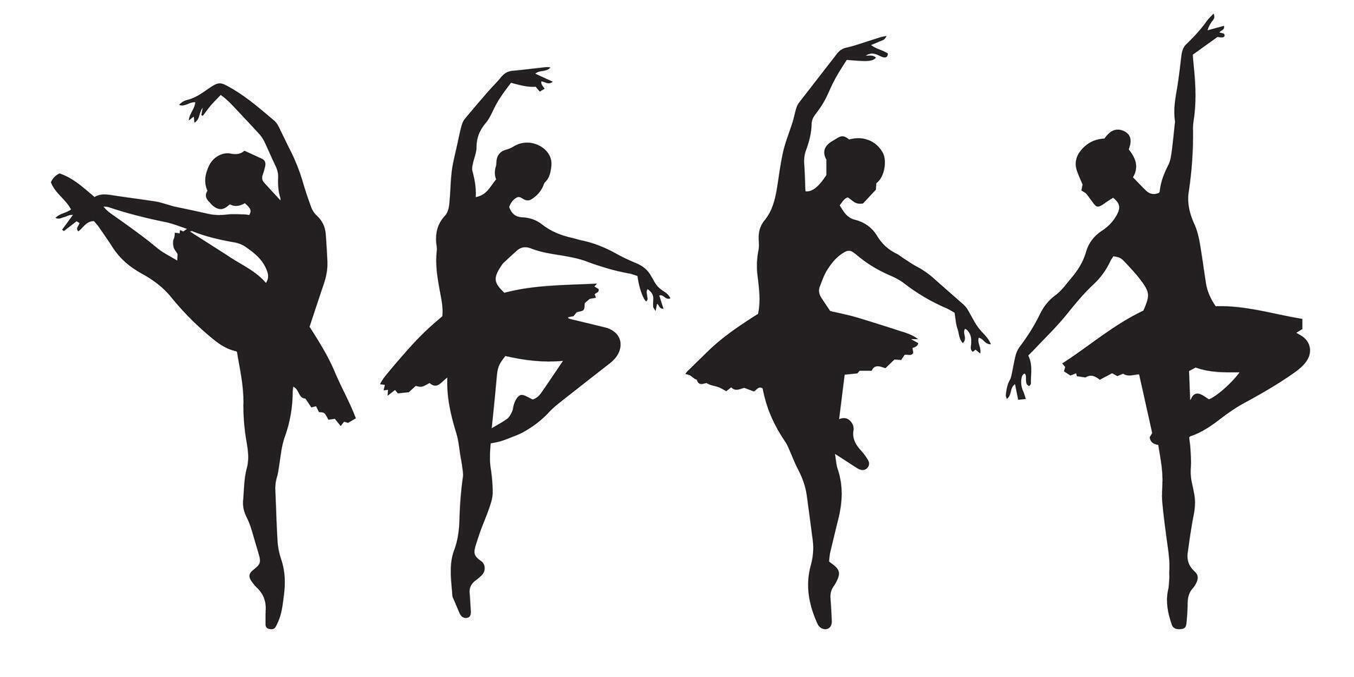 Silhouettes of elegant ballerinas in graceful dance poses. Perfect for ballet, performance art, and classical dance-themed designs vector