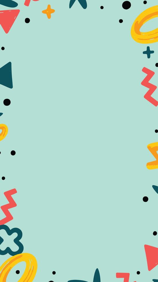 Seamless Memphis pattern with abstract geometric shapes, squiggles, and dots on a teal background vector