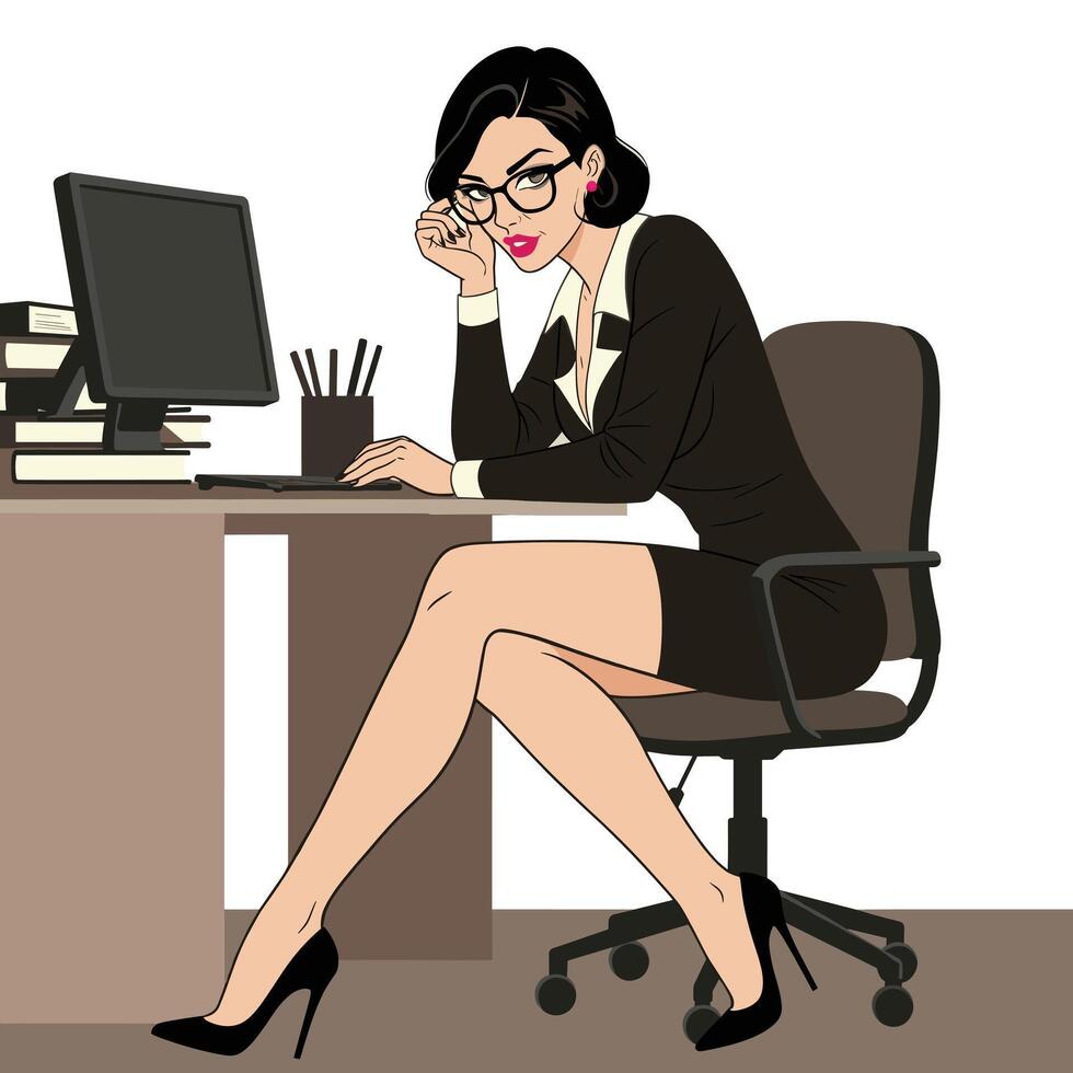Business woman sitting at desk with laptop and phone vector