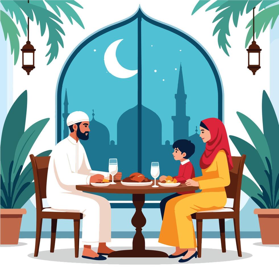 Muslim family eating iftar dinner in front of the mosque vector