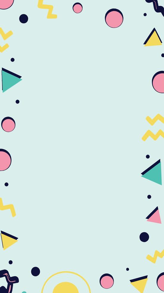 Seamless Memphis pattern with abstract geometric shapes, squiggles, and dots in pastel colors on a teal background vector