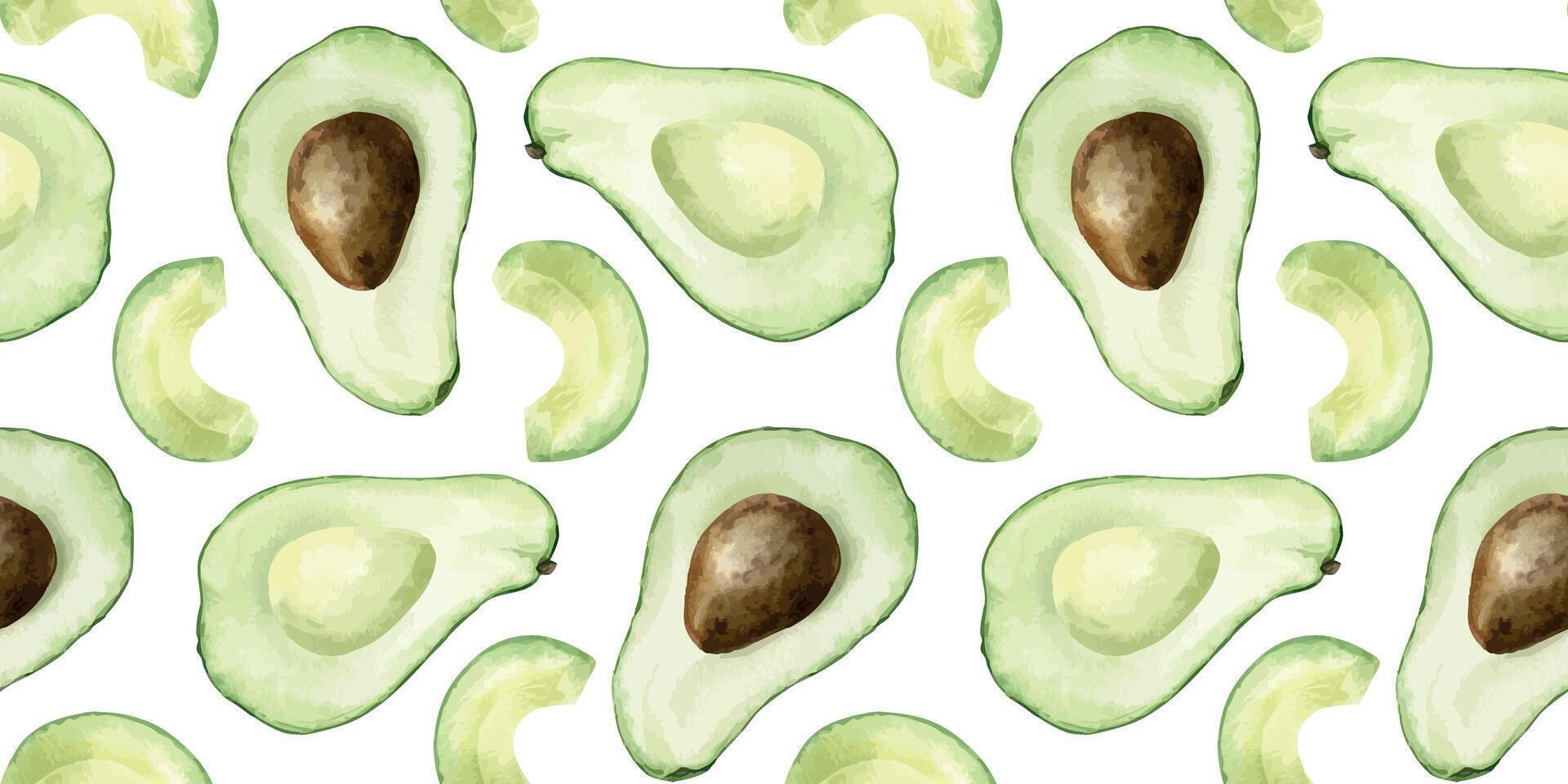 Avocado fruits slices, pits and halves. Hand drawn watercolor seamless surface patterns design. Background of avocado Vegetables for menu, packaging of food, cosmetics, fabrics, cards, recipe vector