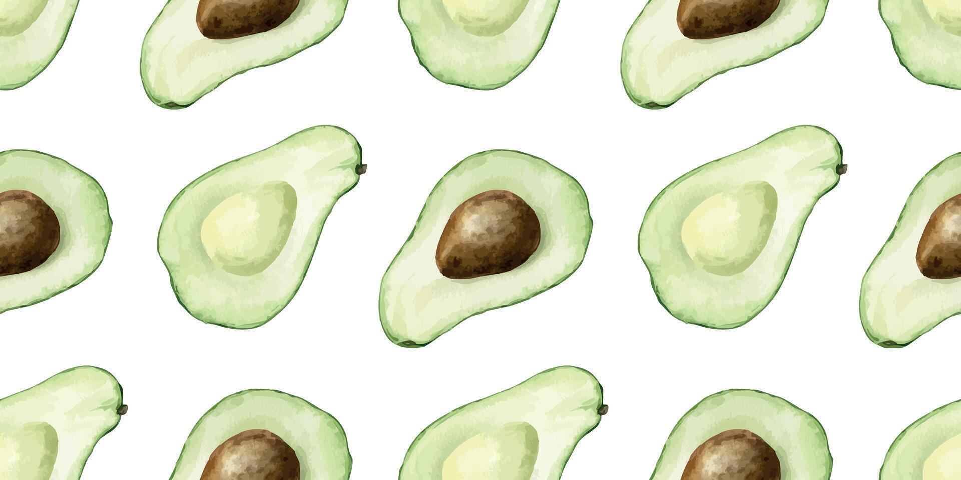 Avocado halves fruit with seed and Seedless slices. Hand drawn watercolor seamless patterns. Background of avocado Vegetables for menu, packaging of food, cosmetics, fabrics, cards, recipe vector