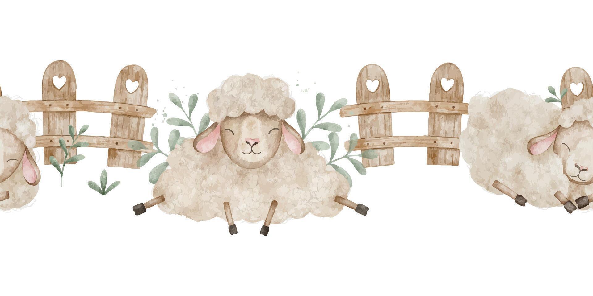 Sheep Sleeping by wooden fence and leaves. Hand drawn seamless border of village farm animals . Background of Cute lamb for kids wallpaper, packing of goods, poster, baby shower and children's room vector