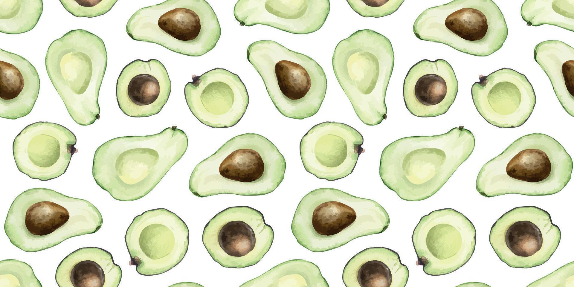 Avocado halves fruits. Hand drawn watercolor seamless patterns. Repetitive background of ripe avocado Vegetables for menu, packaging of food, cosmetics, fabrics, cards, recipe vector