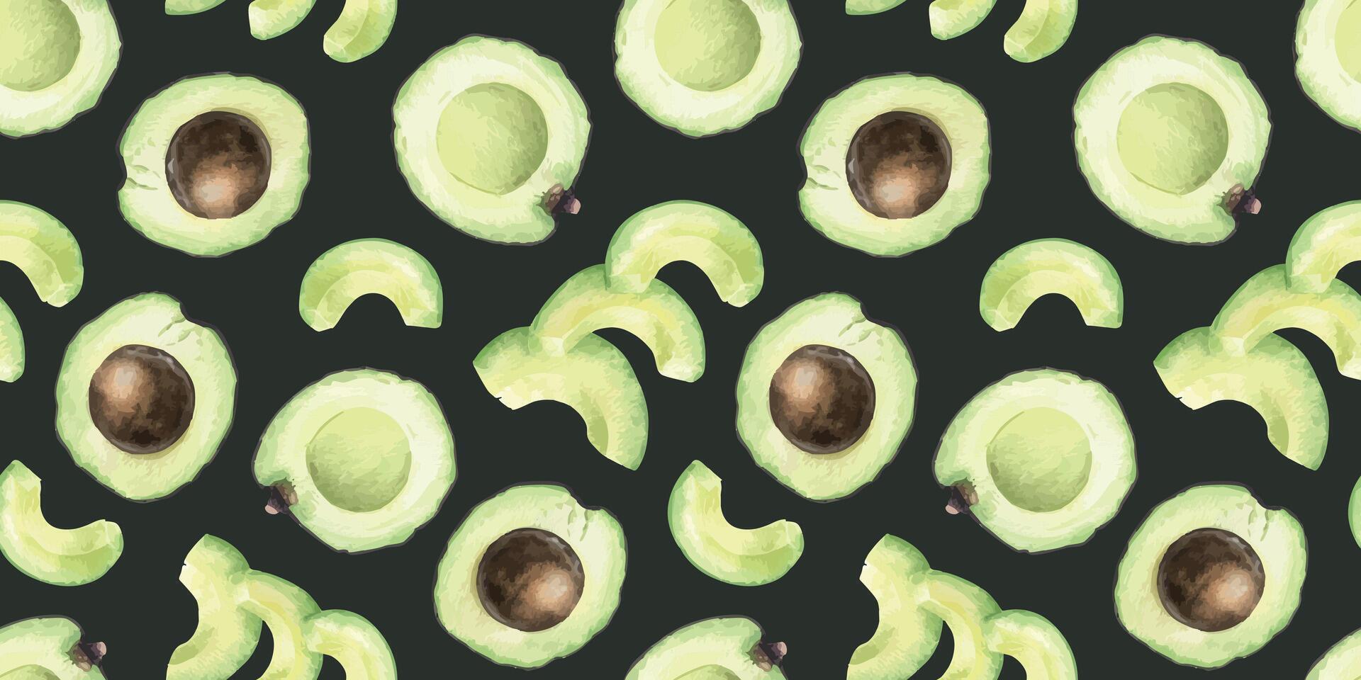 Avocado slices, halves fruits with and without pits. Hand drawn watercolor seamless pattern on dark background. Print of green avocado Vegetables for menu, packaging, cosmetics, fabrics, cards, recipe vector