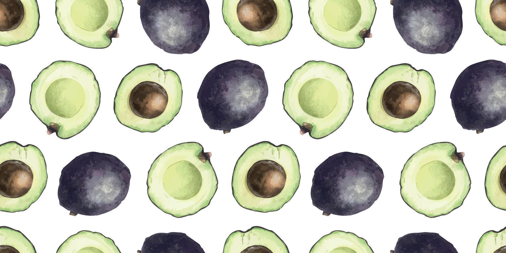 Hass avocado whole, halves fruits with and without pits. Hand drawn watercolor seamless pattern. Background of ripe avocado Vegetables for menu, packaging of food, cosmetics, fabrics, cards, recipe vector