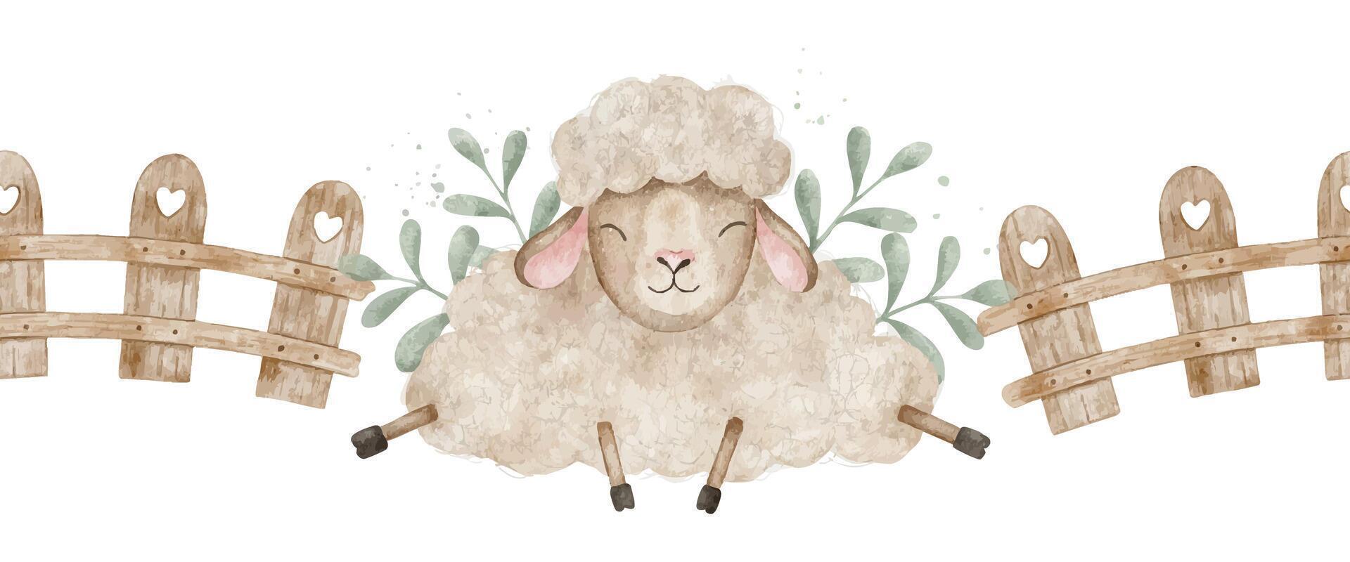Sheep Sleeping by wooden fence. Isolated hand drawn seamless border of Fluffy farm animals . Background of Cute lamp for kids wallpaper, packing of goods, poster, baby shower and children's room vector