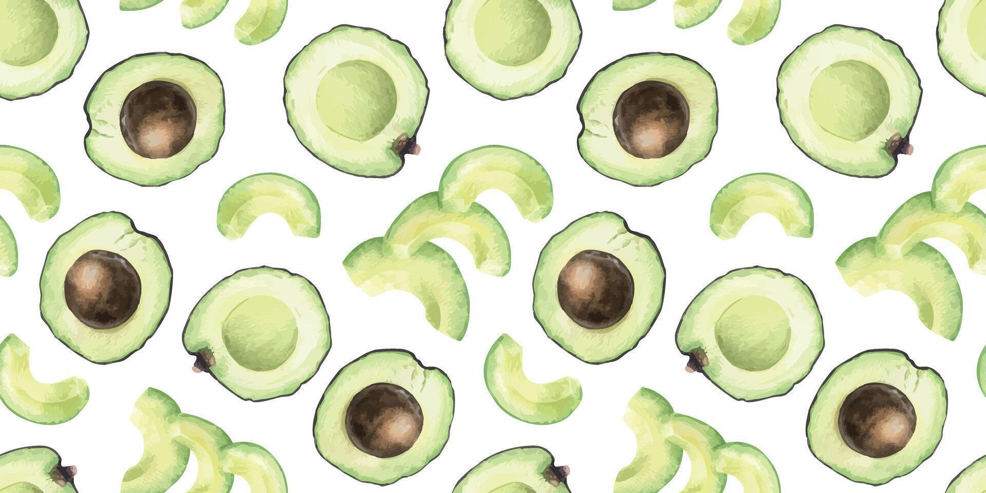 Avocado fruits slices, pits and halves. Hand drawn watercolor seamless surface pattern design. Background of ripe avocado Vegetables for menu, packaging of food, cosmetics, fabrics, cards, recipe vector