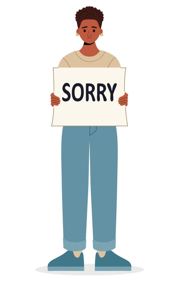 Attractive young african woman begging for forgiveness and holding a SORRY sign vector