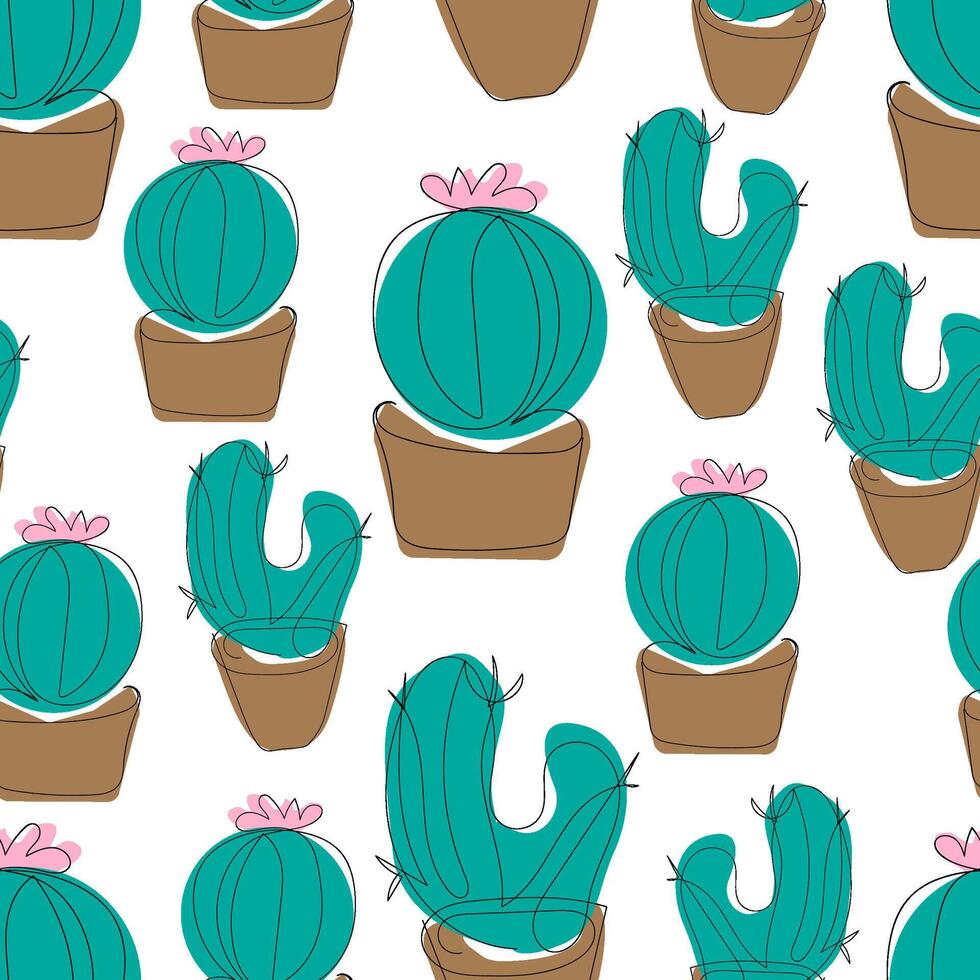Seamless pattern lineart cacti round with flower and double-trunk in pots vector