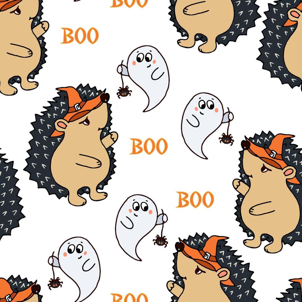 Seamless pattern funny hedgehog and ghost with spider vector