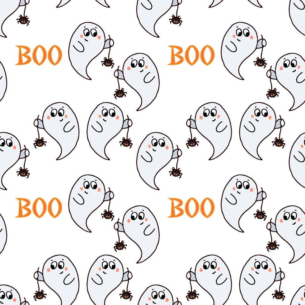 Seamless pattern funny ghost characters with spiders vector