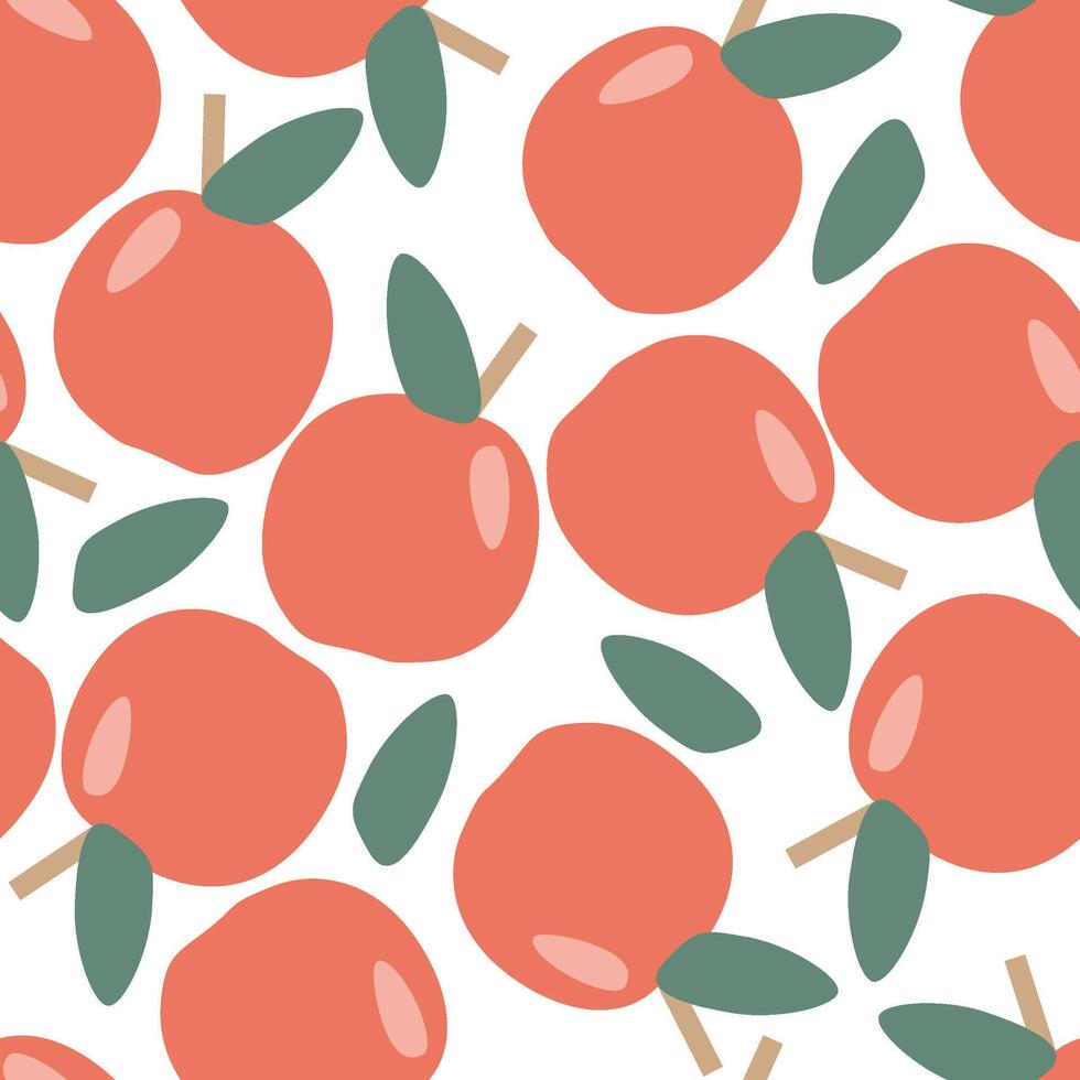 Seamless pattern red ripe apples with leaves vector