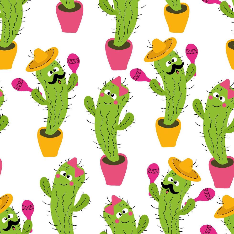 Seamless pattern funny characters in love cartoon cacti in pots vector