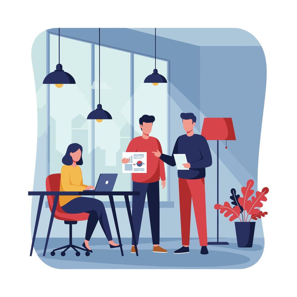 People working in an office with a laptop and papers vector