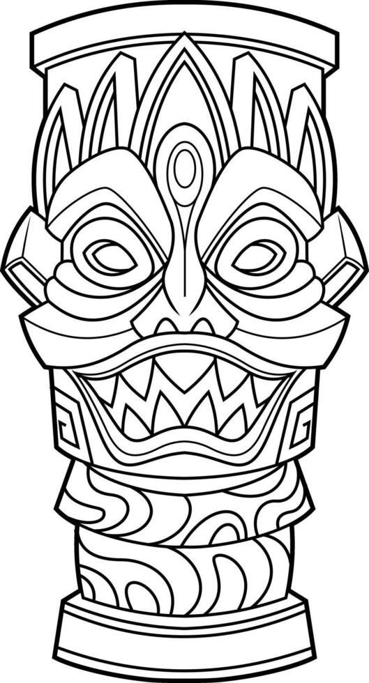 Tribal Tiki Mask With Sharp Fangs And Mystical Design Black And White Illustration vector