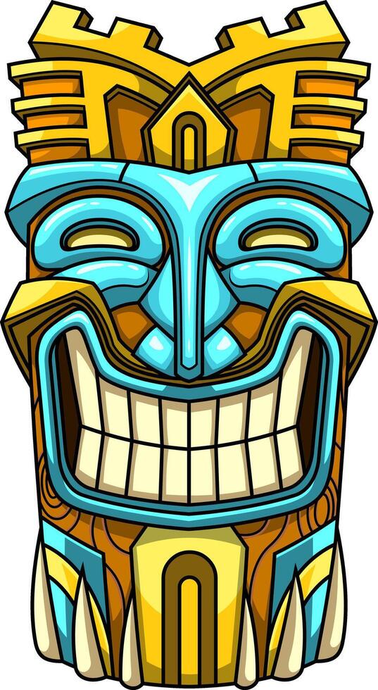 Majestic Polynesian Tiki Mask With Golden Castle Elements And Joyful Expression vector