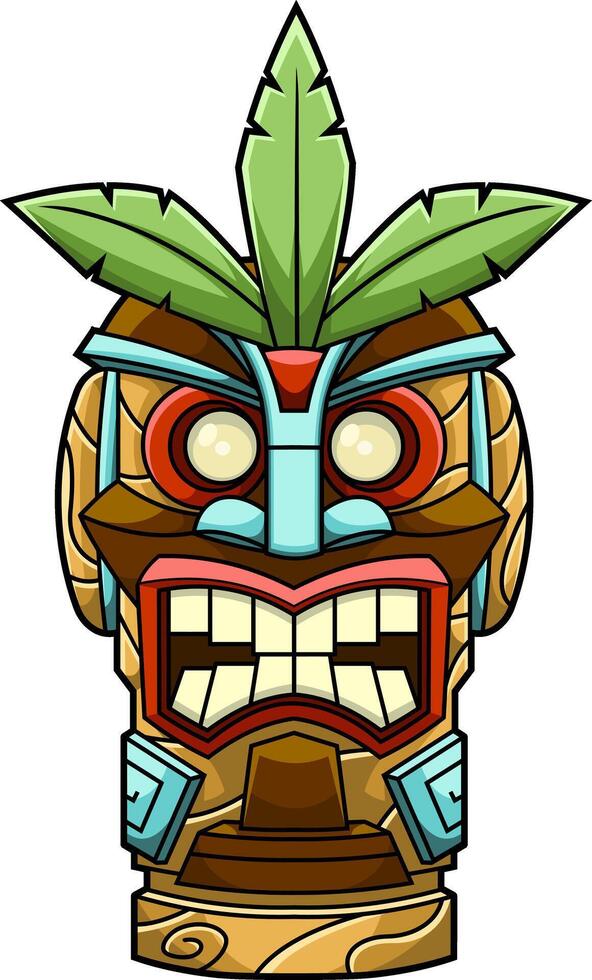 Tropical Polynesian Tiki Mask With Palm Leaves And Fierce Expression Decorative Art vector