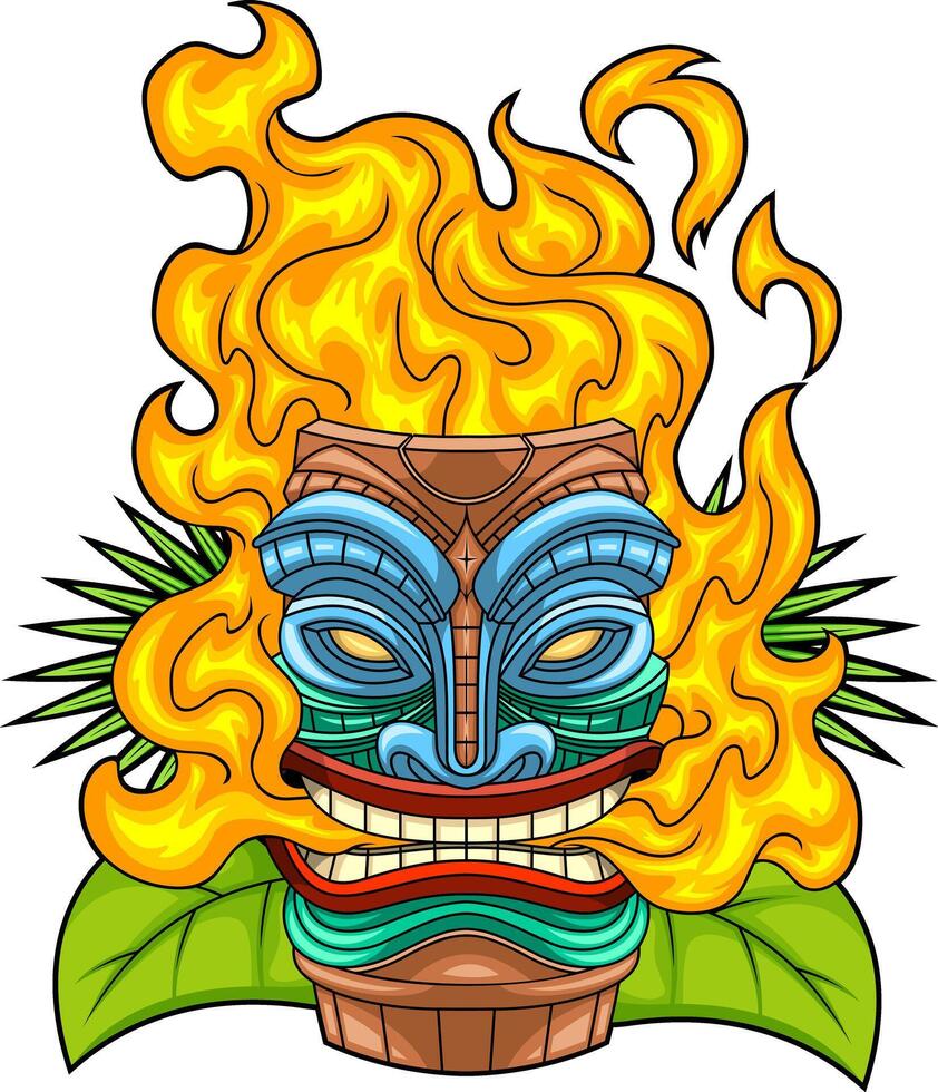 Fiery Polynesian Tiki Mask With Bright Flames And Tropical Leaves Tribal Art vector