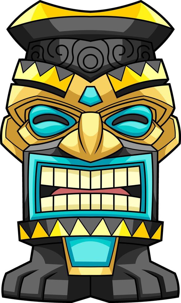 Powerful Polynesian Tiki Mask With Gold And Black Tribal Design And Fierce Expression vector