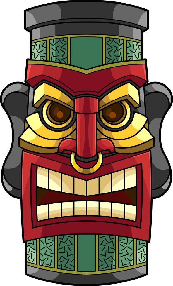 Colorful Tiki Mask With Tribal Patterns And Fierce Expression Traditional Polynesian Art vector