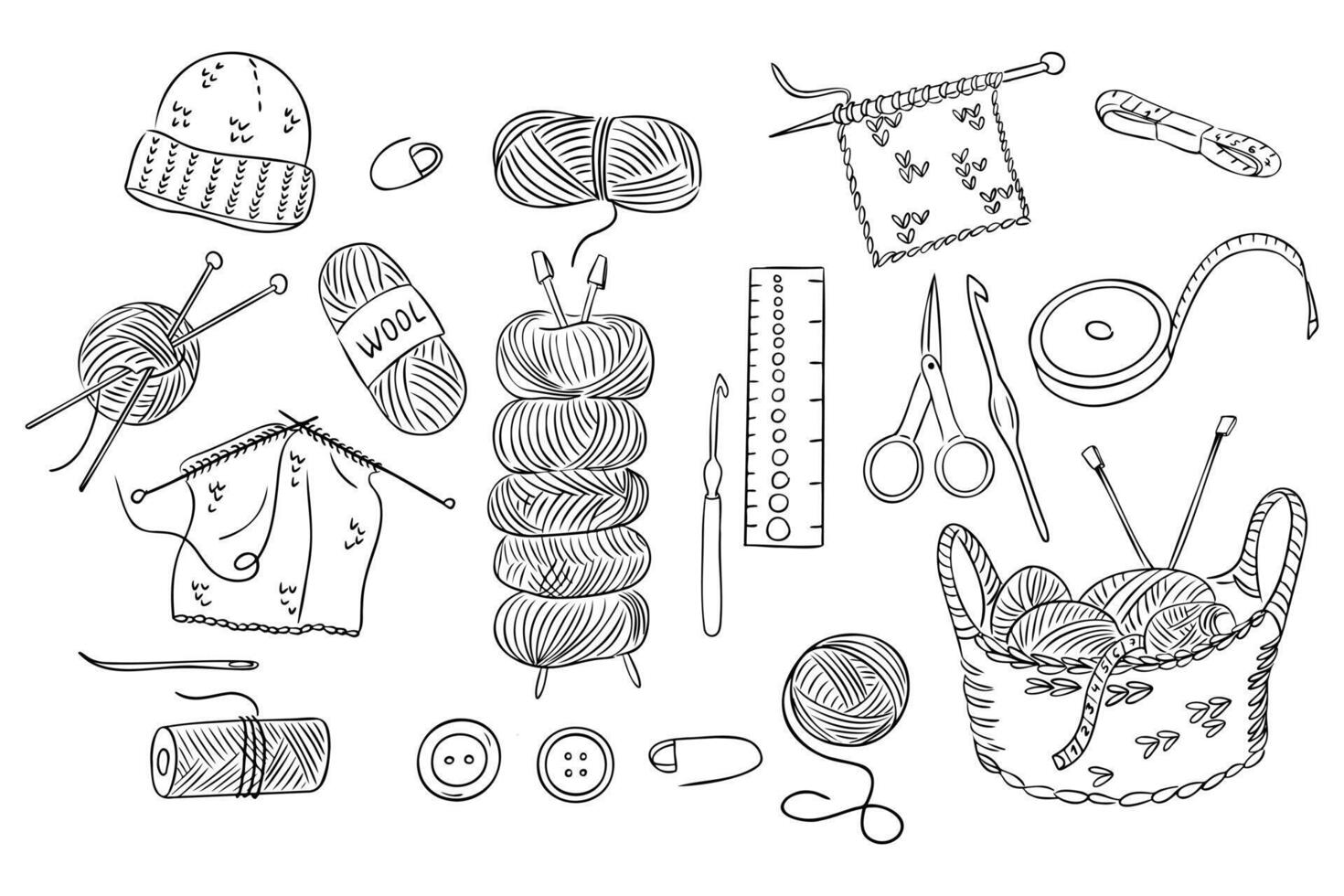 A hand-drawn knitting and crochet set with yarn, needles, a knitted hat, and various sewing accessories. The design represents creativity, handmade crafts, and the art of knitting vector