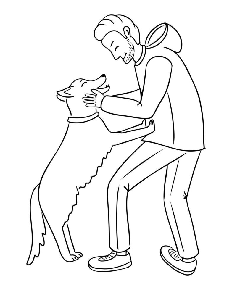 A man and his dog sharing a joyful moment, symbolizing friendship and loyalty. A hand-drawn illustration perfect for pet-related designs, animal care themes, and emotional connection concepts. vector