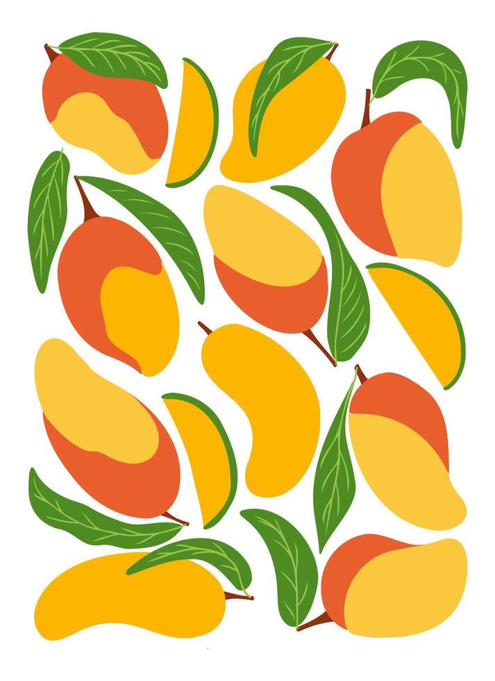 Mango poster with whole and sliced mangoes along with green leaves on a white background. The illustration represents freshness, tropical fruits, and a vibrant summer vibe vector