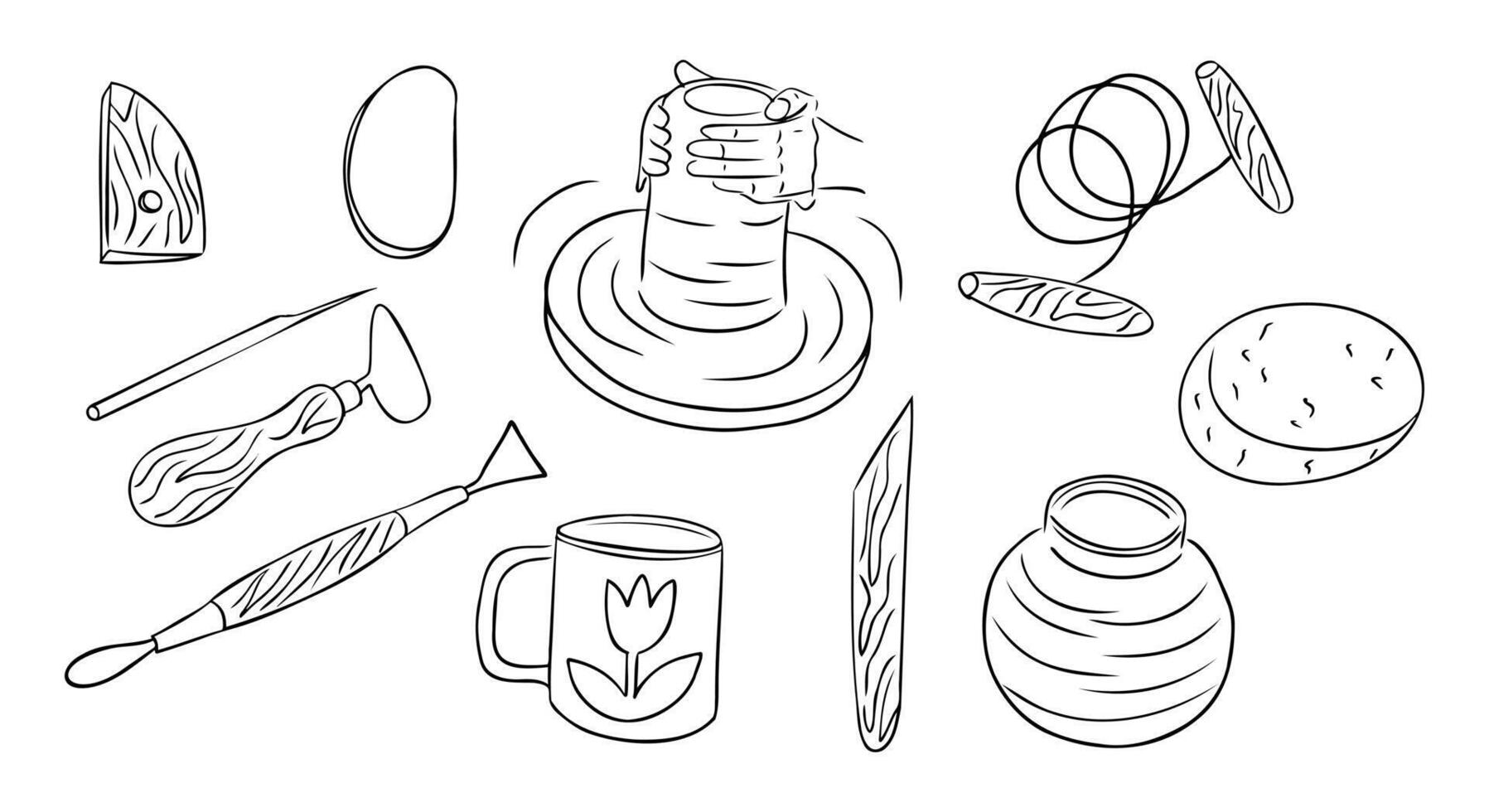 A hand-drawn pottery and ceramics illustration set featuring a potter shaping clay on a wheel, tools, and finished pottery pieces. The design represents craftsmanship, creativity and handmade ceramics vector