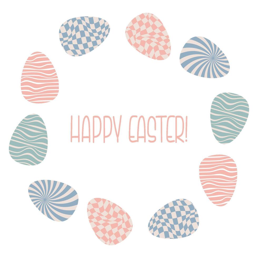 Frame Border From Easter Eggs with Groovy Distorted Checkered and Uneven Stripes Pattern. Retro Twisted Waves Trippy Grid and Hippie Wave Stripe. vector