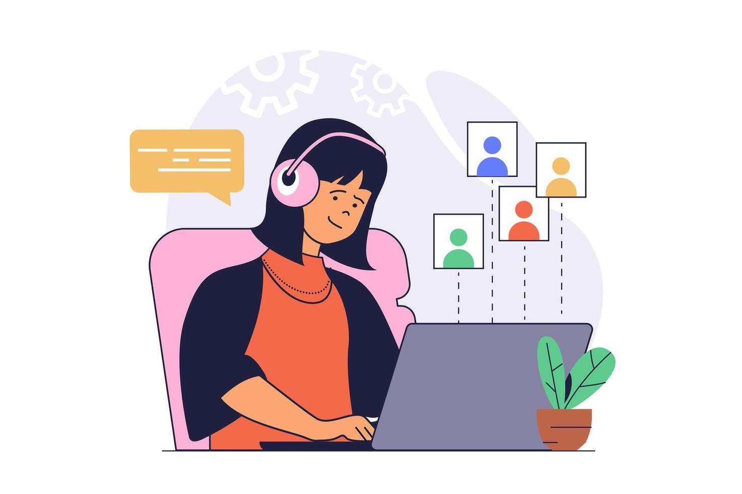 conference concept with cartoon people in flat design for web. Woman in headphones listening colleagues and connecting by call at laptop and chatting online remotely. illustration. vector