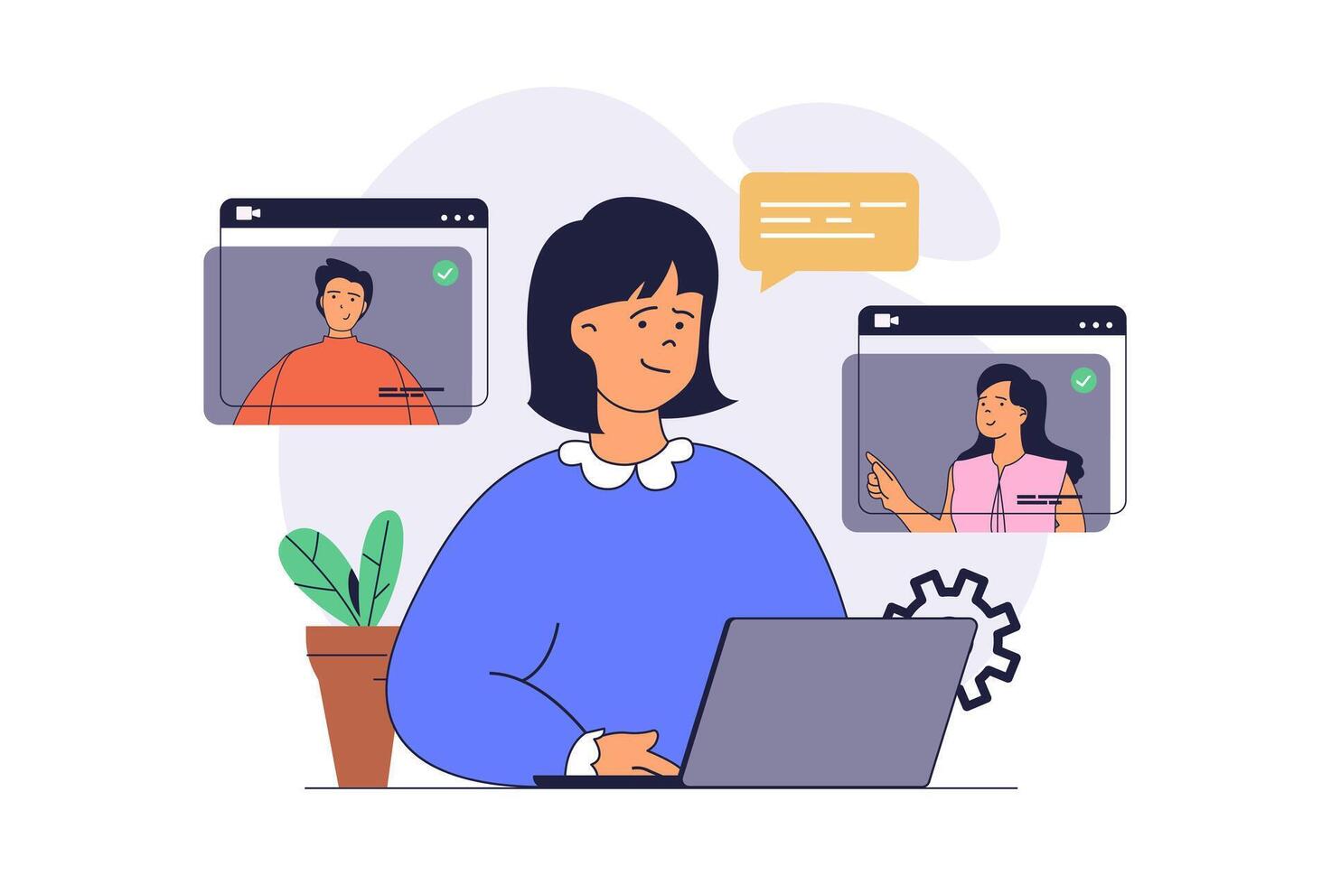 conference concept with cartoon people in flat design for web. Man and woman connecting online via call, have virtual meeting with colleagues, connecting by internet. illustration. vector