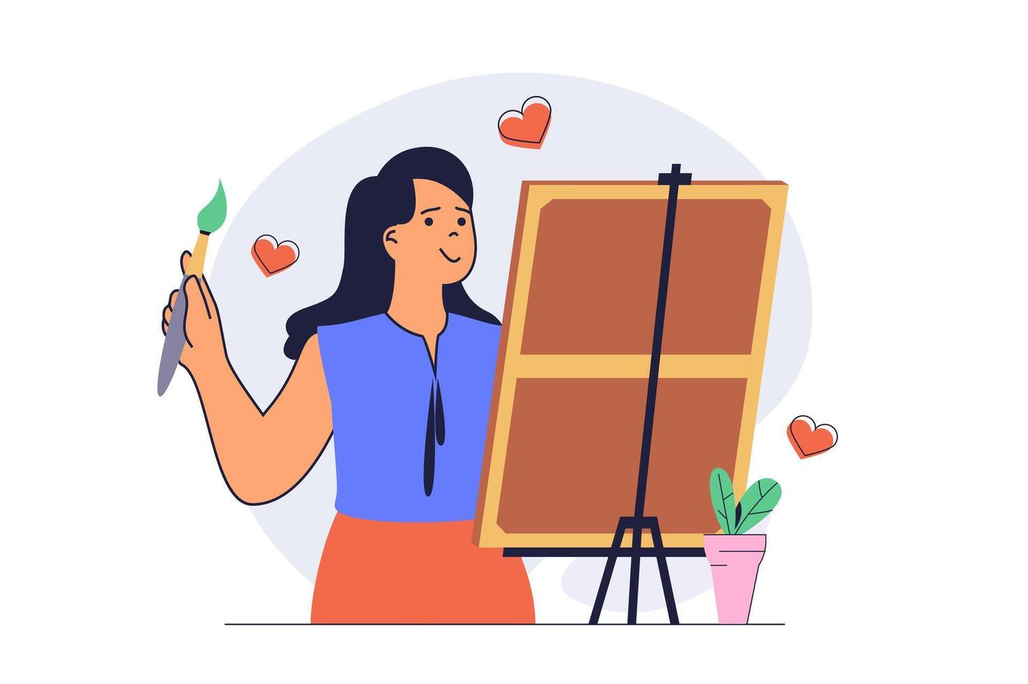 Hobby activity concept with cartoon people in flat design for web. Woman with paintbrush drawing at easel canvas, creating artworks with passion, enjoying leisure entertainment. illustration. vector