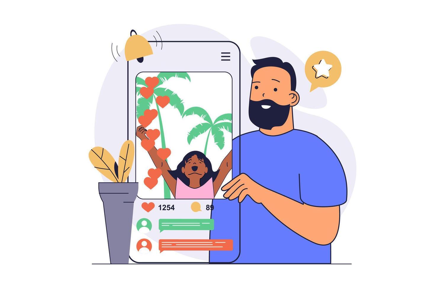 Social network concept with cartoon people in flat design for web. Man following online blog, sharing new photo of favorite blogger, leaving comments and feedback reactions. illustration. vector
