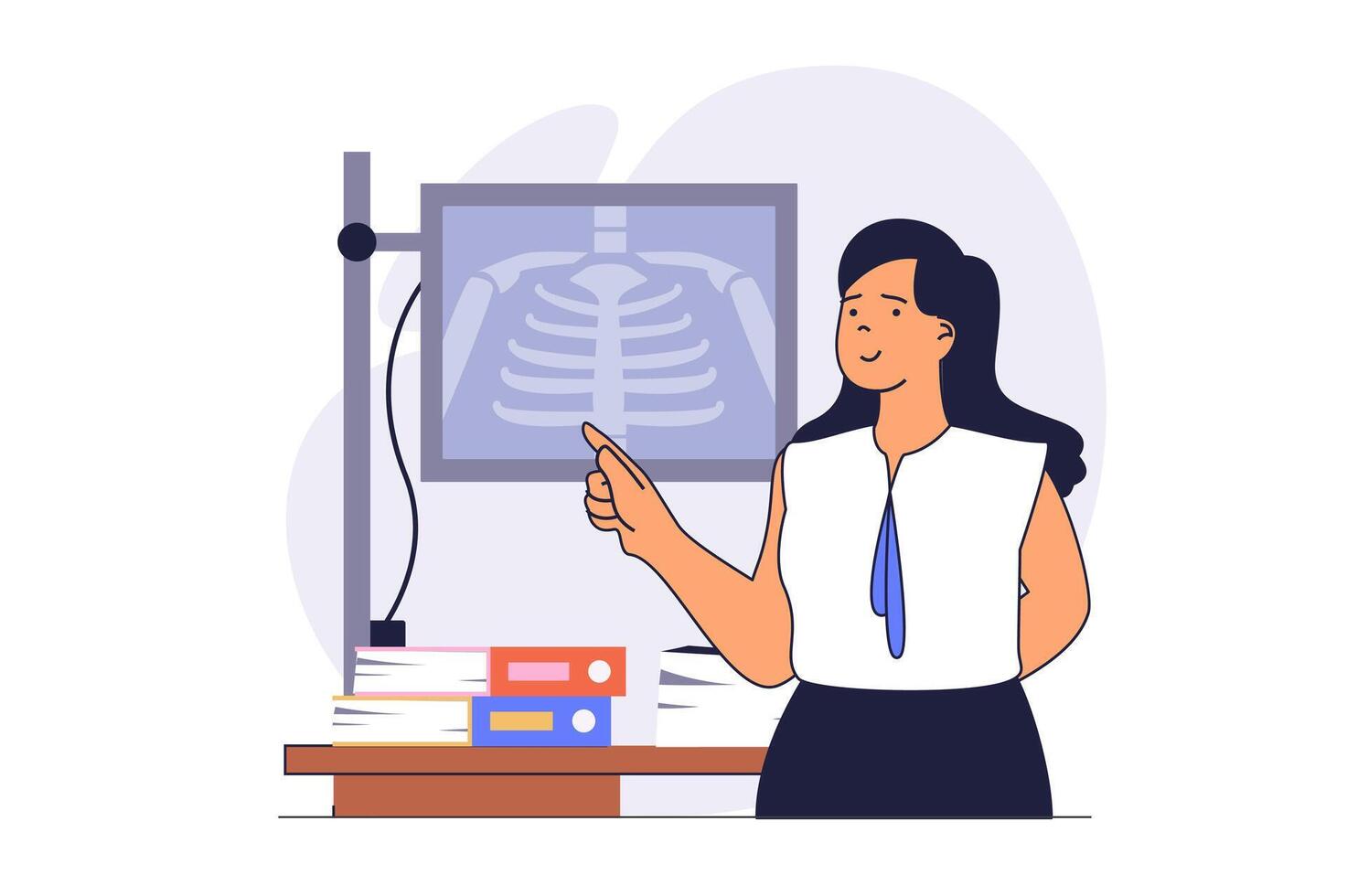 Medicine concept with cartoon people in flat design for web. Woman working as doctor, examining x-ray image and doing bones diagnosis, making treatment and therapy for patients. illustration. vector