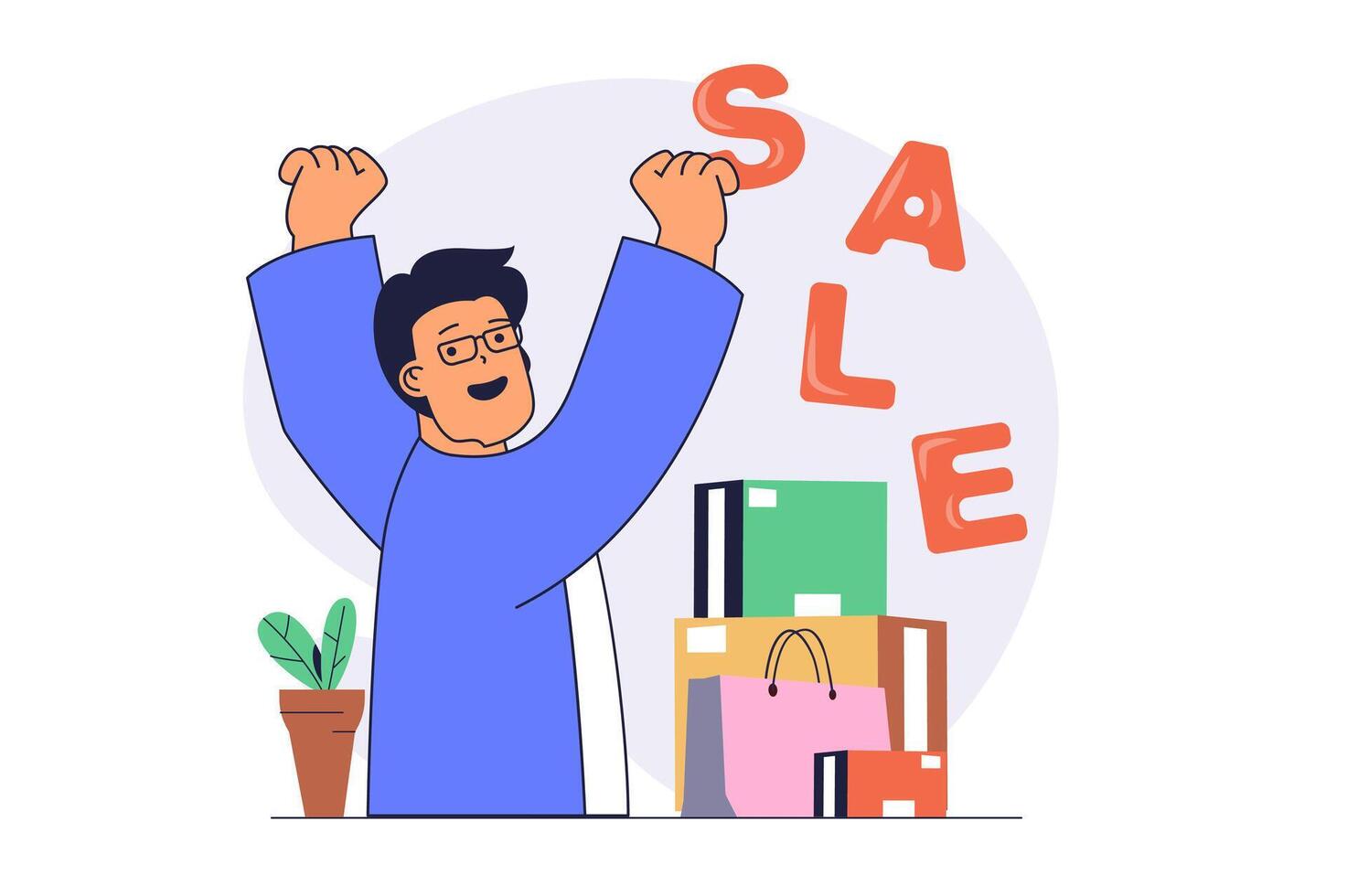 Shopping concept with cartoon people in flat design for web. Happy man doing purchases on sales, buying new products in packages at stores and markets with clearance offers. illustration. vector