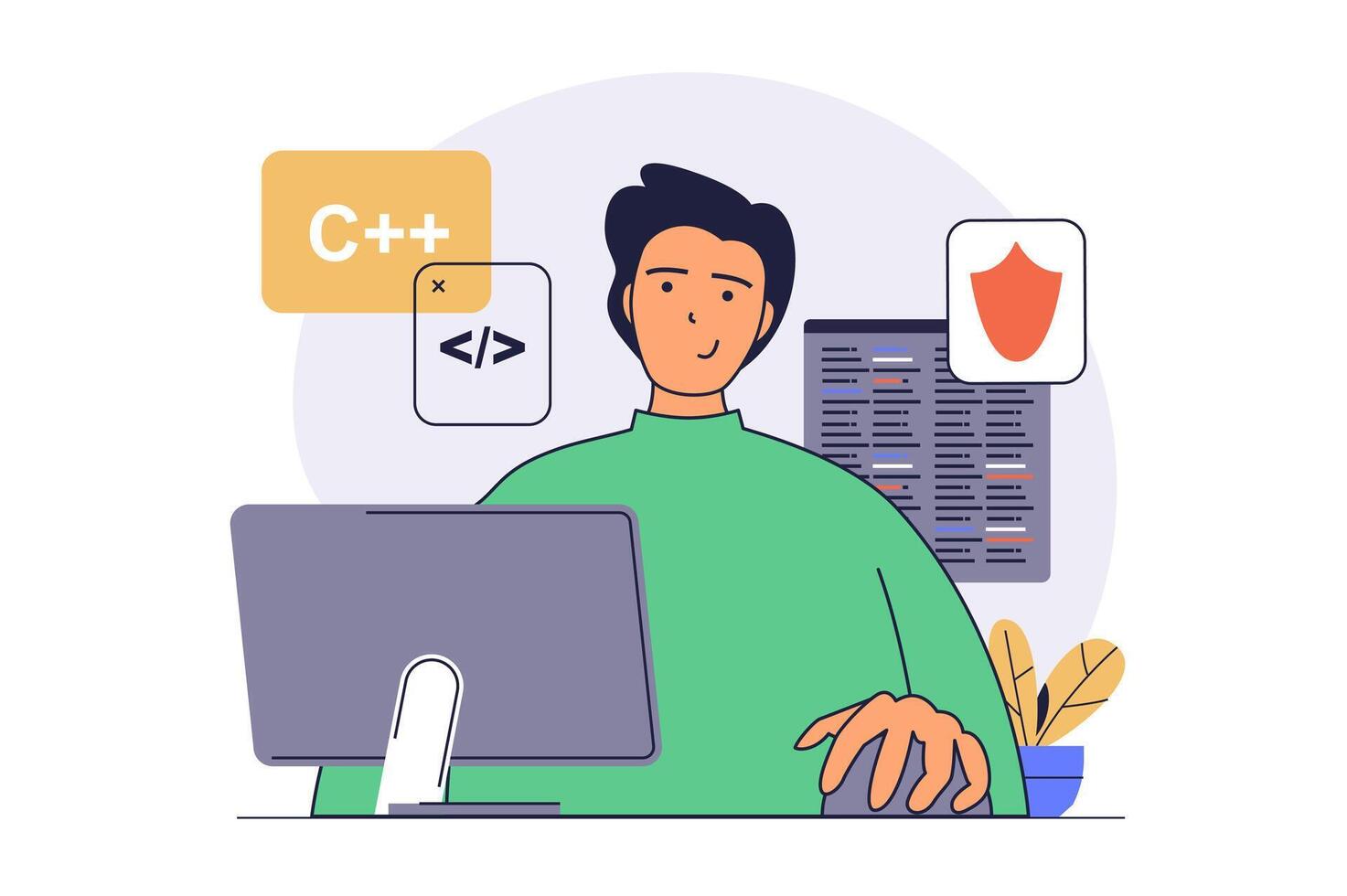 Development concept with cartoon people in flat design for web. Man developer programming and coding apps, using firewall and security programs, doing work tasks at workplace. illustration. vector