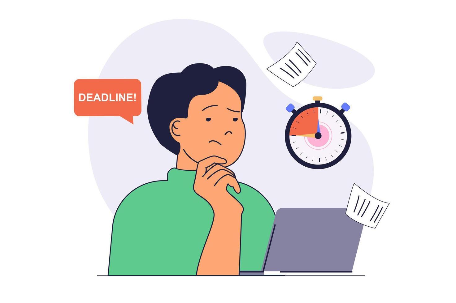 Deadline concept with cartoon people in flat design for web. Man doing urgency schedule tasks at laptop in office. Nervous businessman trying to reach goal before time runs out. illustration. vector