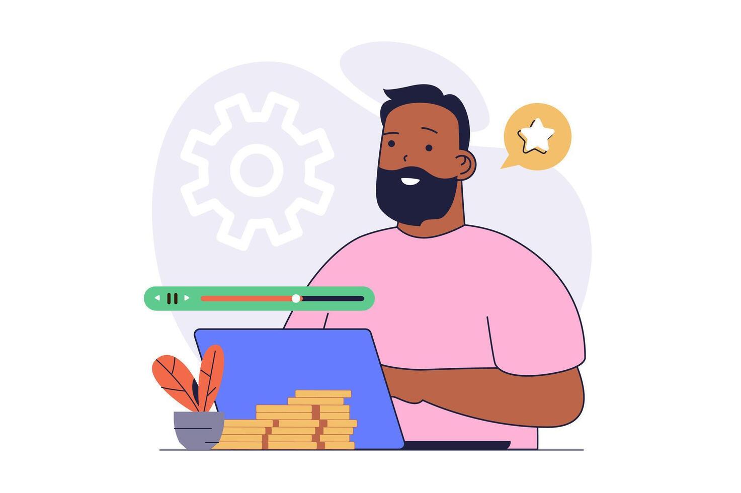 marketing concept with cartoon people in flat design for web. Man creating content with product promotion messages, attracting new audience and earning financial profit. illustration. vector