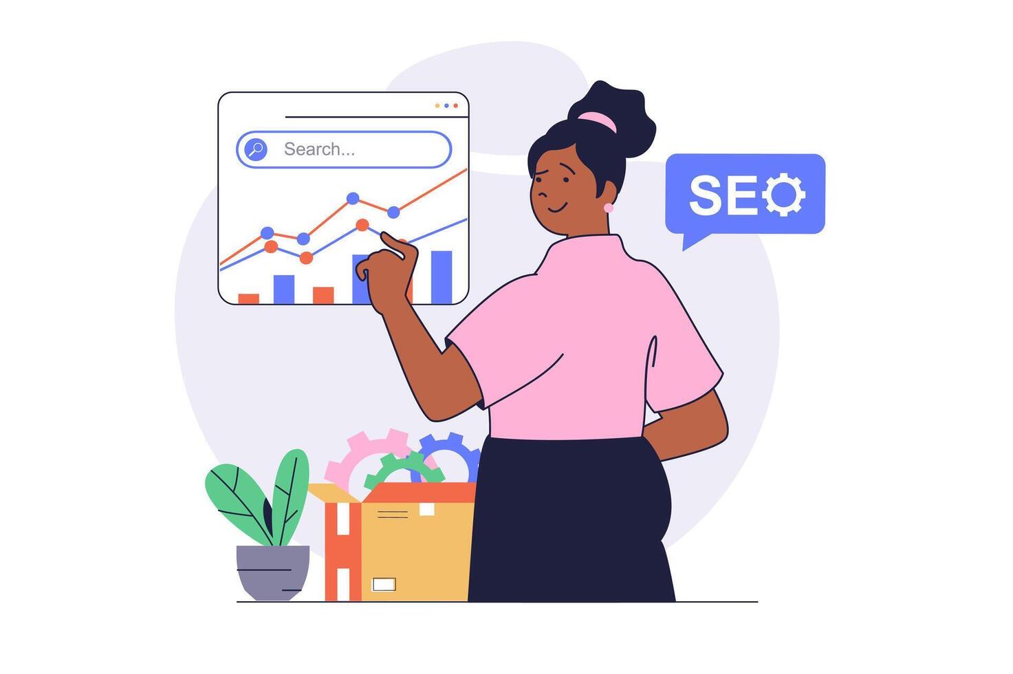 SEO optimization concept with cartoon people in flat design for web. Woman making data analysis of search results, working with statistic report, researching online traffic. illustration. vector