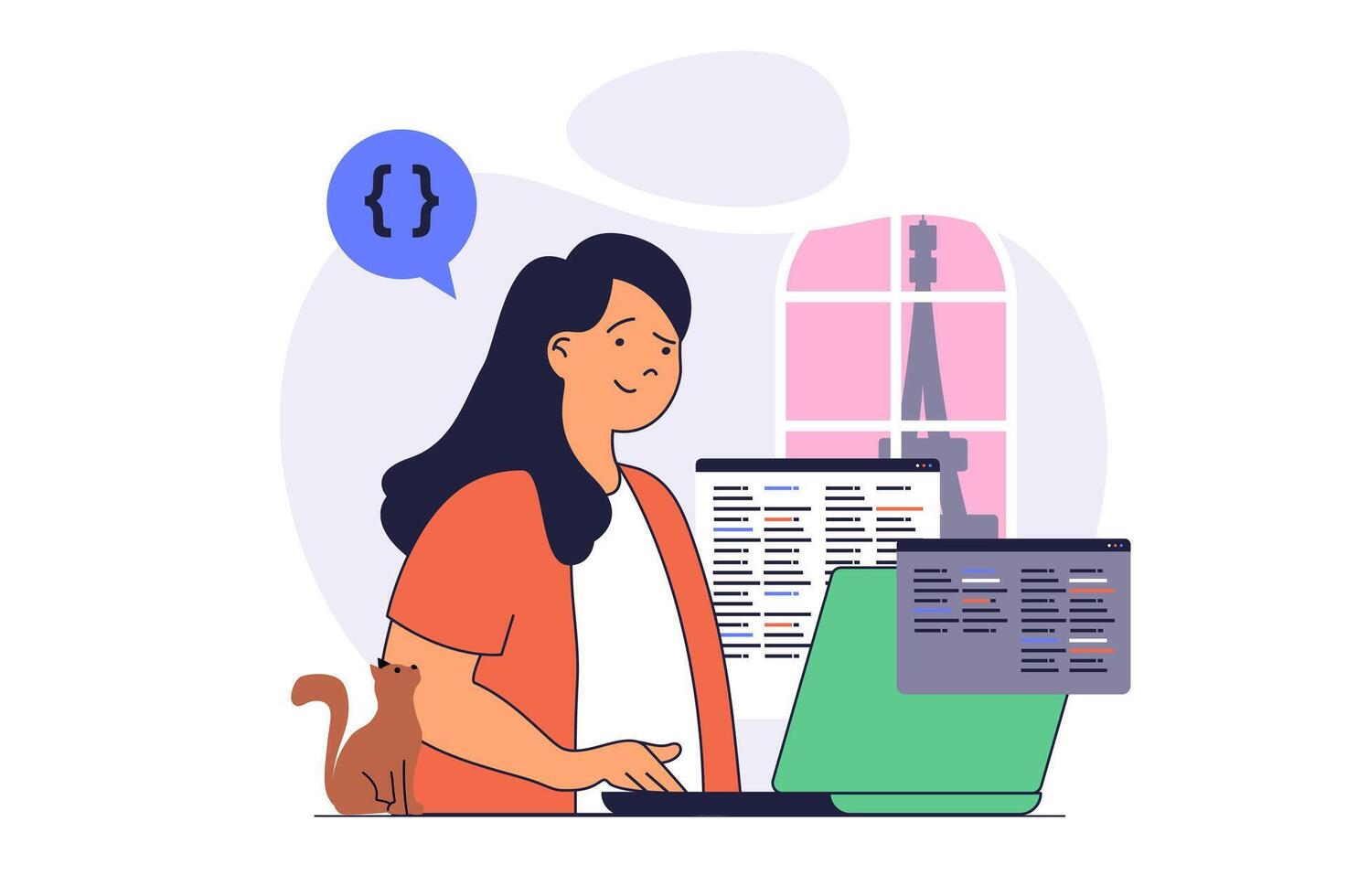 Freelance concept with cartoon people in flat design for web. Woman working as programmer and doing work tasks remotely, working online from hotel while Paris vacation travel. illustration. vector
