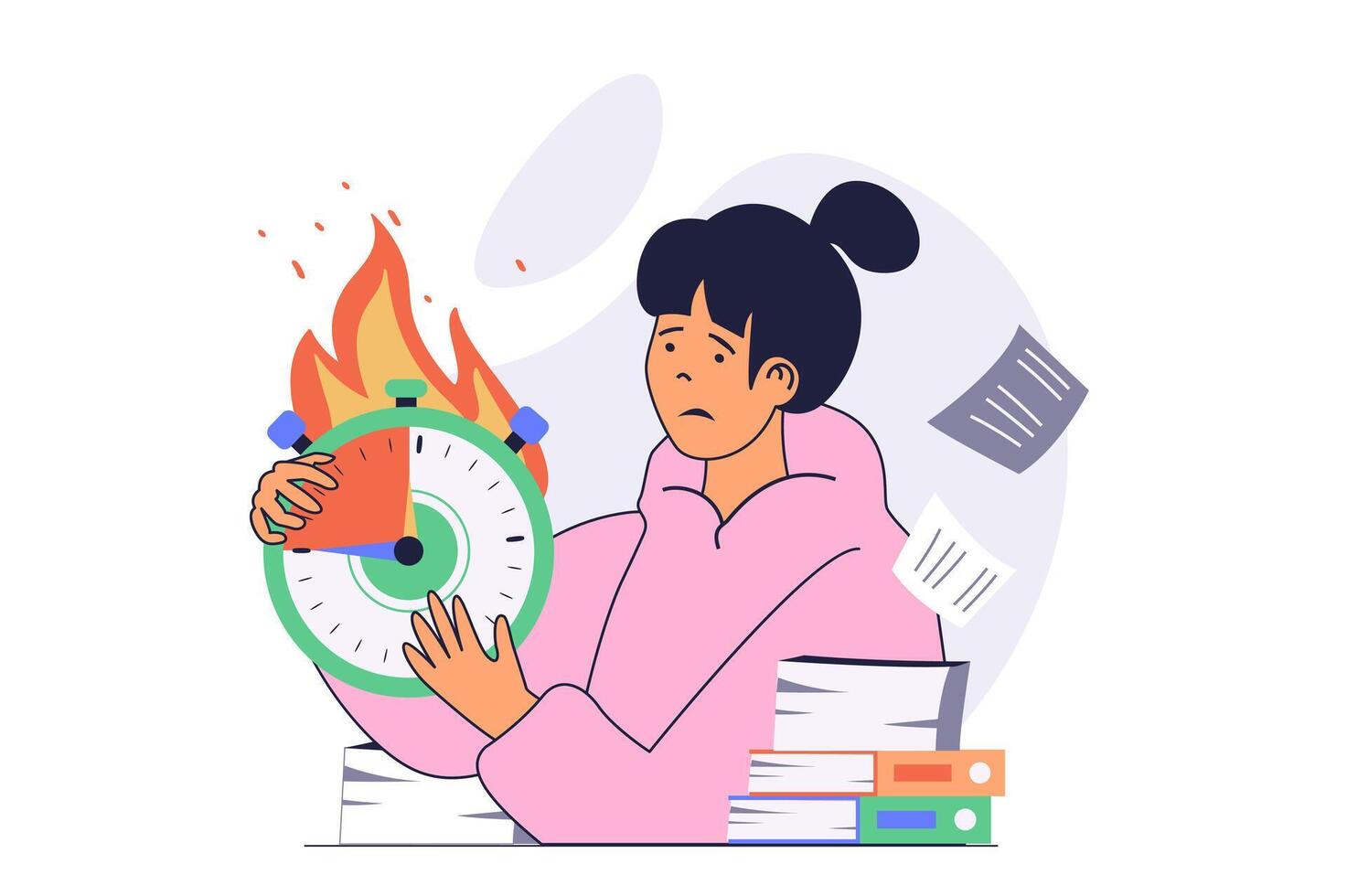 Deadline concept with cartoon people in flat design for web. Woman doing urgency paperwork while time burning and clock countdown. Worried businesswoman workflow with stress. illustration. vector