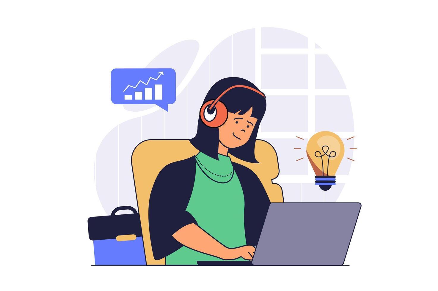 Freelance concept with cartoon people in flat design for web. Woman working online at home and doing work tasks remotely, making marketing analysis and creating job strategy. illustration. vector