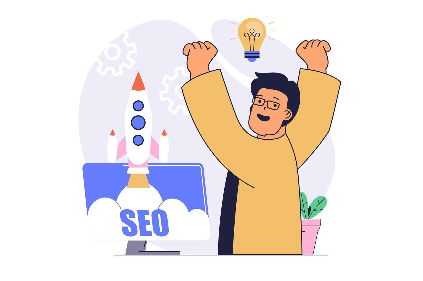 SEO optimization concept with cartoon people in flat design for web. Man making data analysis of search results, improving process, raising page rocket rating to top ranking. illustration. vector