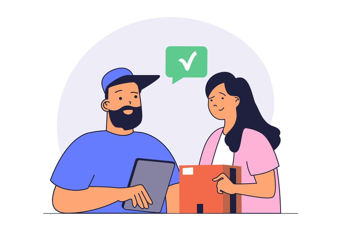 Delivery service concept with cartoon people in flat design for web. Courier shipping package order to woman. Fast parcel shipment to client home. Logistic postal business. illustration. vector