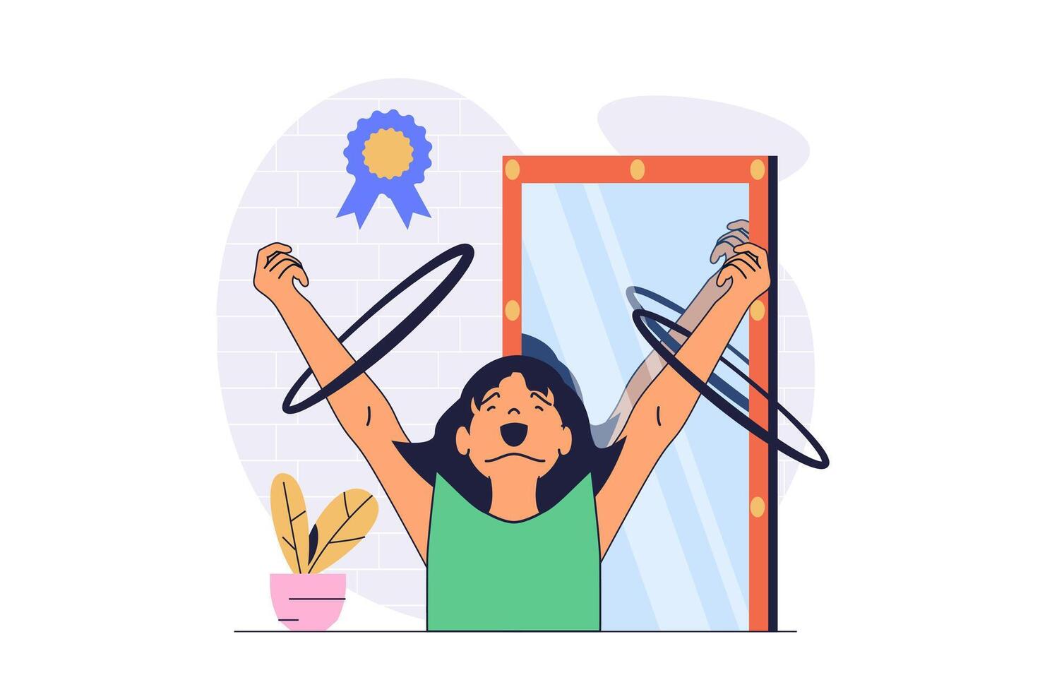 Hobby activity concept with cartoon people in flat design for web. Woman twirling and rolling hula hoops on hands by mirror, enjoing physical training and doing gymnastic workout. illustration. vector