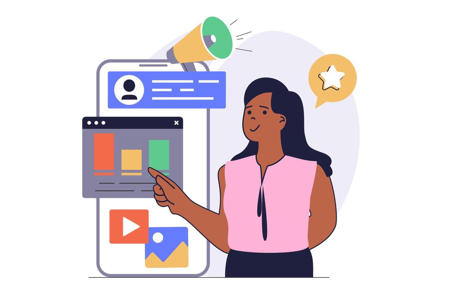 Digital marketing concept with cartoon people in flat design for web. Woman creating advertising content for clients attract, using megaphone for online business communication. illustration. vector