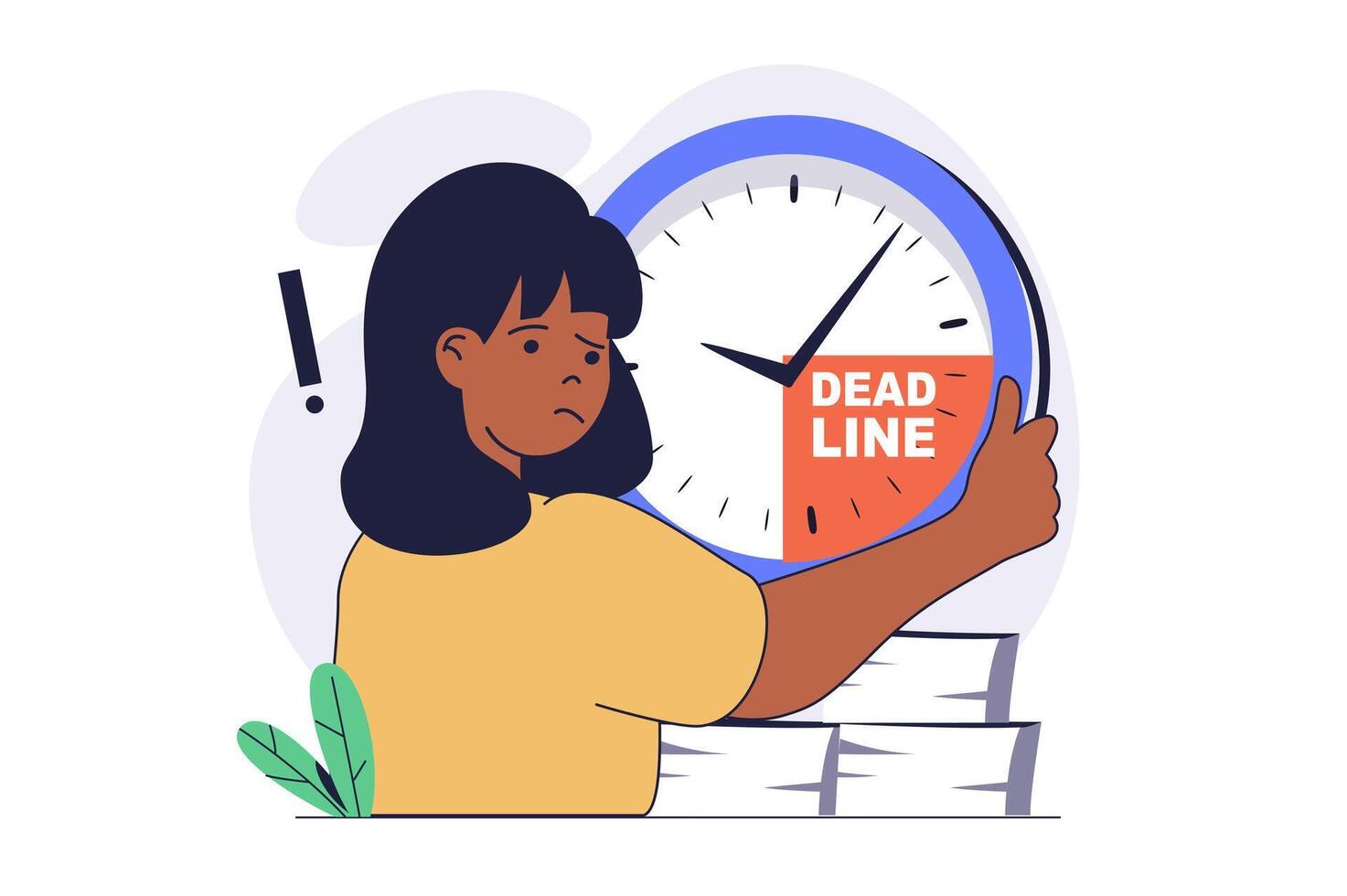 Deadline concept with cartoon people in flat design for web. Woman doing urgency paperwork while time burning, hurry to finish job while clock countdown, workflow with stress. illustration. vector