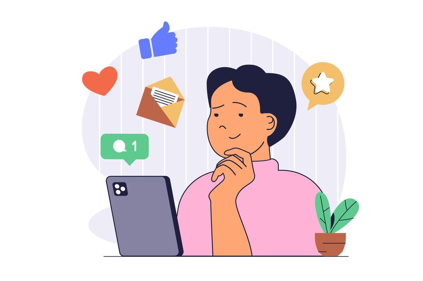 Digital marketing concept with cartoon people in flat design for web. Man sending emails with promo, creating advertising content for best rating, reactions and clients attract. illustration. vector